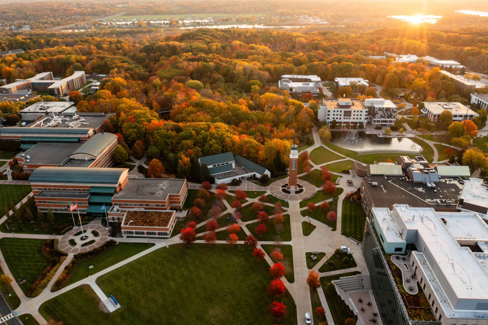 An aerial view of the Valley Campus in Allendale in autumn.